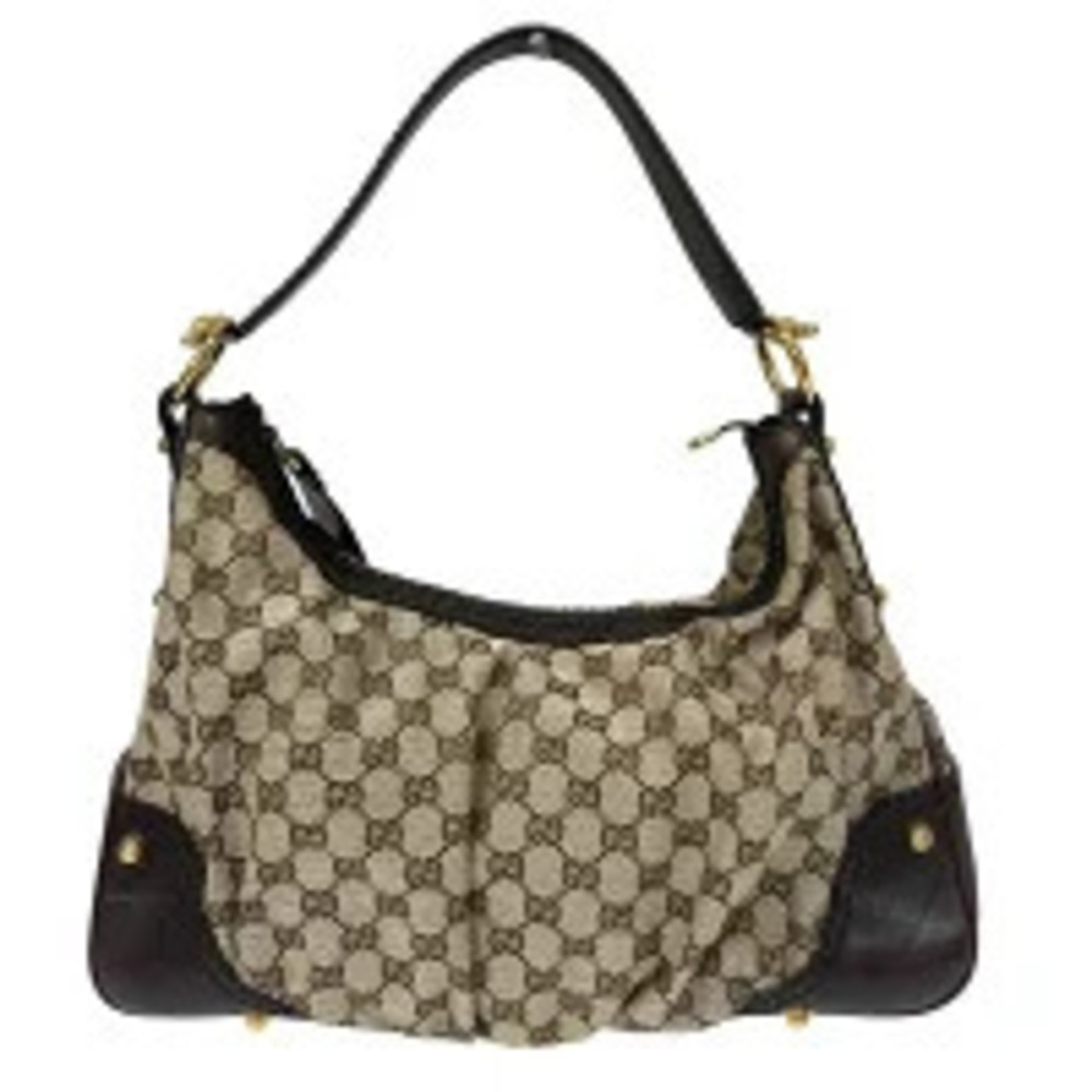 Gucci GG Canvas Shoulder Bag Hobo Semi Shoulder Handbag Beige Studs